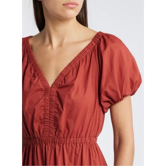 MOON RIVER | Cotton Puff Sleeve Tiered Midi Dress in Brick, Size Large - Picture 4 of 12